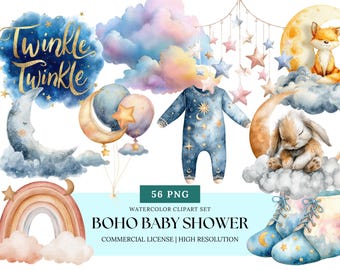 Celestial Boho Baby Shower Clipart | Månstjärna Regnbåge Baby Barnrum Akvarell PNG för Könsneutrala Inbjudningar och Dekor