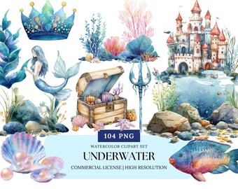 Underwater Ocean Clipart Watercolor Sea Creatures Fish Jellyfish Coral Dolphin Whale Turtle Mermaid Under the Sea Illustration Bundle