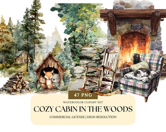 森の中の居心地の良い小屋の水彩画クリップアートセット 森 秋 冬 ヒュッゲ PNG 素朴な小屋の美的バンドル