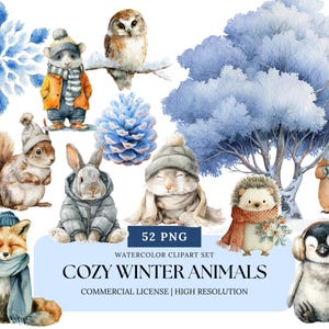Cozy Winter Animals Clipart Set Watercolor Cute Forest Arctic Animal Bundle Holiday Kids Nursery Printable