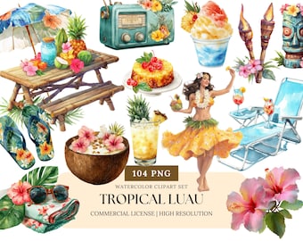 May include: Watercolor clipart set featuring tropical luau elements. Includes a picnic table, radio, food, drinks, tiki torches, a woman in a hula skirt, beach chair, and flowers. The set is labeled "104 PNG" and "Tropical Luau".