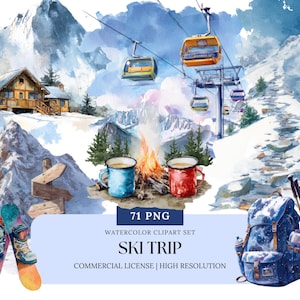Puede incluir: Conjunto de imágenes prediseñadas de acuarela "Ski Trip" que presenta una escena de montaña nevada con telesillas, una cabaña y una fogata con tazas. También se incluyen una mochila, esquís y bastones de esquí. La imagen tiene el texto "71 PNG" y "Licencia comercial | Alta resolución".