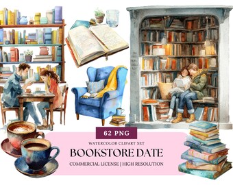 Bookstore Date Watercolor Clipart Set | Cozy Reading Coffee Books Romantic PNG