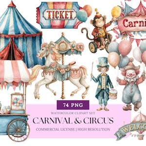 Vintage Circus Watercolor Clipart Bundle Clown Carnival Tent Cotton Candy Ferris Wheel Tickets PNGs for Party Decor & Junk Journals