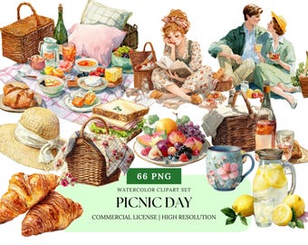 Picnic Day Watercolor Clipart Set | Cozy Food Picnic Blanket Basket Wine Fruits PNG for Summer Journals & Invitations