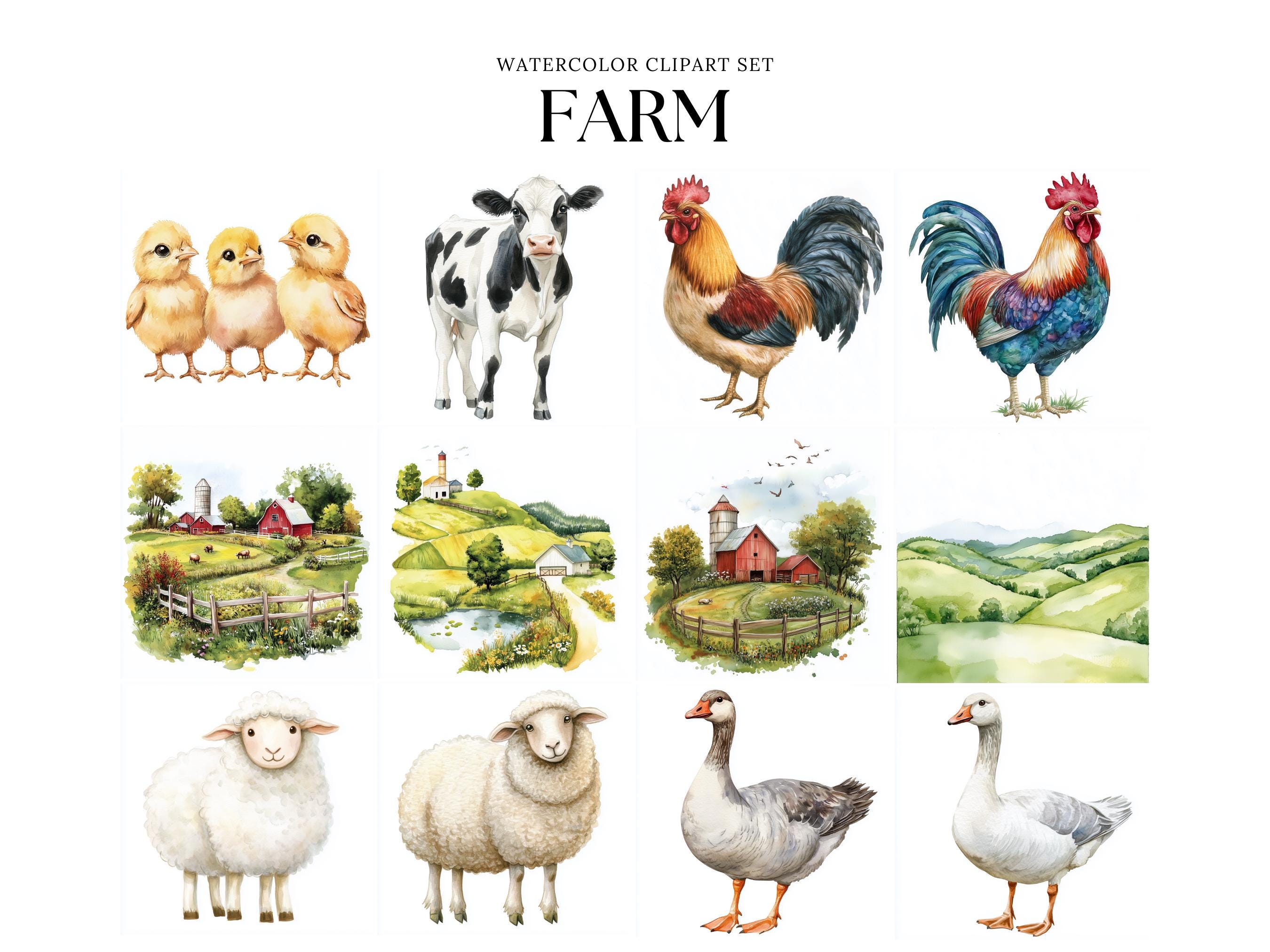 Farm Animal Clipart Set Watercolor Barn Tractor Cow Pig Sheep Chicken ...