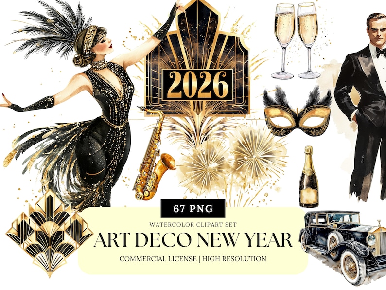 Art Deco New Year Clipart Gatsby Party PNG Roaring 20s NYE Gold Black art-deco-new-year-clipart-gatsby-party-png-roaring-20s-nye-gold-black