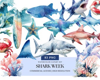 Hai Woche Aquarell Clipart Set | Niedliche Haifisch PNG, Meerestiere, Meerestiere, Geburtstagsparty Grafiken, Unterwasser Clip Art