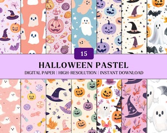 Halloween Pastel Digital Paper Pack Cute Spooky Backgrounds Pastel Halloween Scrapbook Paper Witch Candy Ghosts Instant Download