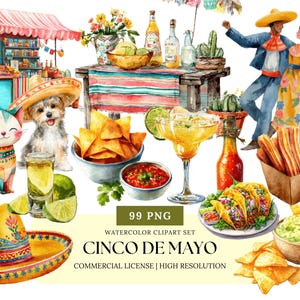 Cinco de Mayo Fiesta Watercolor Clipart | Mexican Party Decor, Food & Celebration PNGs, Taco Tuesday, Margarita and Piñata Art