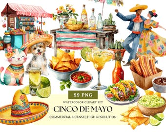 Cinco de Mayo Fiesta Watercolor Clipart | Mexican Party Decor, Food & Celebration PNGs, Taco Tuesday, Margarita and Piñata Art
