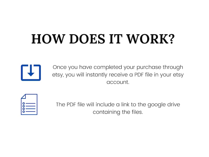 May include: White background with the text "HOW DOES IT WORK?" and instructions. It explains that after purchase on Etsy, a PDF file is instantly received, containing a link to Google Drive with the files. Includes blue icons.