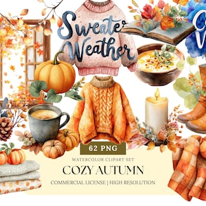 Può includere: Set di clipart ad acquerello con elementi autunnali accoglienti. Include un maglione rosa con il testo "Sweater Weather", zucche, una tazza di caffè, una ciotola di zuppa, stivali, una coperta e una candela accesa. Sono presenti anche le parole "Cozy Vibes".