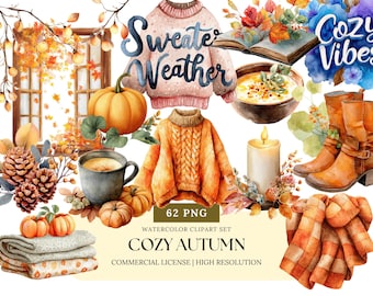 Cozy Autumn Aesthetic Fall Clipart Set Pumpkin Spice Sweater Weather Coffee Books Cozy Fall Stickers PNG Bundle