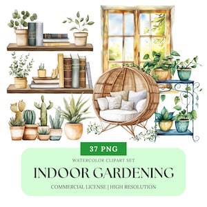 Può includere: Set di clipart ad acquerello di elementi per il giardinaggio al chiuso, tra cui piante in vaso, libri, una sedia in vimini e una finestra con vista. Il set include 37 file PNG.