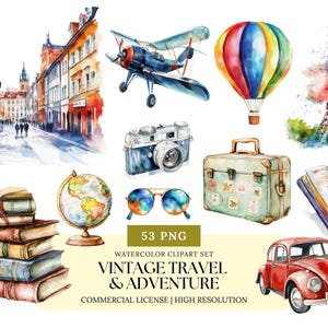 May include: A watercolor clipart set of 53 vintage travel and adventure illustrations. The set includes a hot air balloon, a vintage airplane, a suitcase, a globe, a camera, a book, a car, and a cityscape.