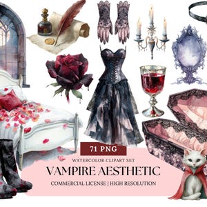 Vampire Aesthetic Watercolor Clipart Set Gothic Romance Dark Academia PNG Blood Moon Castle Gothic Halloween Digital Art
