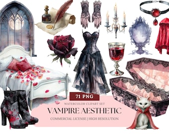 Vampyr estetisk akvarell Clipart Set Gotisk Romantik Mörk Academia PNG Blodmåne Slott Gotisk Halloween Digital Konst