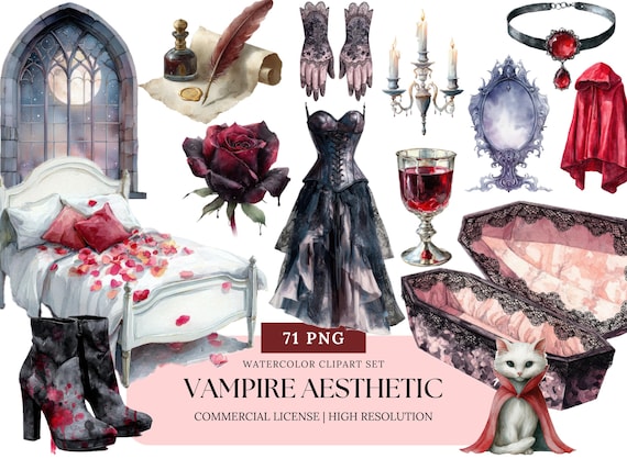 Vampire Aesthetic Watercolor Clipart Set Gothic Romance Dark Academia PNG Blood Moon Castle Gothic Halloween Digital Art