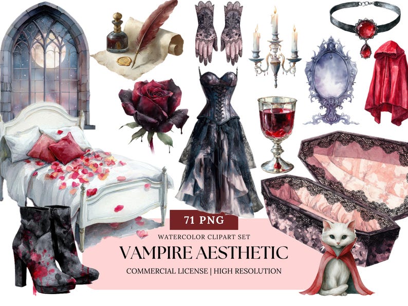 May include: Watercolor clipart set with a vampire aesthetic theme. Includes a bed, boots, a corset dress, a goblet of red liquid, a coffin, a cat in a cape, and other gothic-inspired elements. The image has the text "VAMPIRE AESTHETIC".