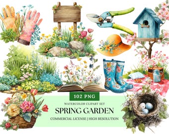 Spring Garden Watercolor Mega Clipart Pack | Gardening PNG, Flowers & Tools, Spring Florals Clip Art Bundle, Garden Decor and Animals