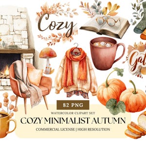 Cozy Minimalist Autumn Watercolor Clipart Bundle Fall Hygge Aesthetic Neutral Leaves Pumpkins Books Warm Fall PNG Set for Journals