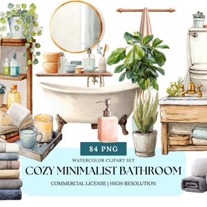Cozy Minimalist Bathroom Watercolor Clipart Bundle Self-Care Spa Decor PNG Calm Aesthetic Neutral Bathroom Art