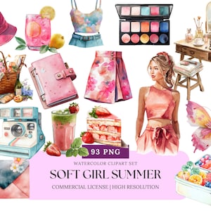 Soft Girl Summer Aesthetic Watercolor Clipart Set Pastel Cute PNG Pink Cottagecore Coquette Planner Scrapbook Journal Art