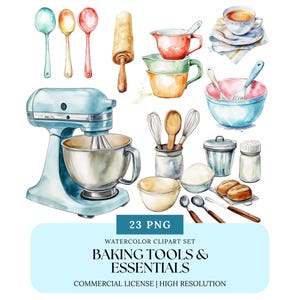 May include: A watercolor clipart set of 23 baking tools and essentials. The set includes a stand mixer, measuring spoons, rolling pin, mixing bowls, a whisk, a wooden spoon, a spatula, a measuring cup, a sugar shaker, a flour container, and two pieces of bread. The set is perfect for bakers of all levels.