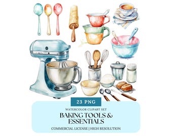 Baking Tools Watercolor Clipart Set Kitchen Essentials PNG Mixer Rolling Pin Whisk Digital Download