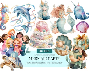 Mermaid Party Watercolor Clipart Bundle | Mermaid Birthday PNG, Ocean Party Decor, Cute Mermaid Cake, Balloons, Under the Sea Clip Art