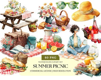 Summer Picnic Clipart Watercolor Picnic Food Blanket Basket Digital PNG Set for Party Invites Scrapbooking Journaling