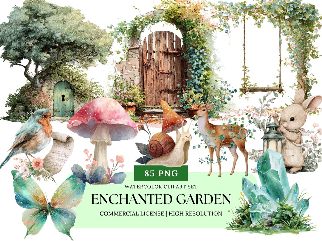 Enchanted Garden Watercolor Clipart Set Fairytale Flowers Fairy Animals ...