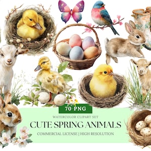 Cute Spring Animals Watercolor Clipart Set | Baby Bunny Chick Lamb Pastel Floral PNG