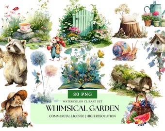 Whimsical Garden Creatures Watercolor Clipart Set | Cute Animals, Magical Forest PNG, Bunny Fox Mouse Tea Party