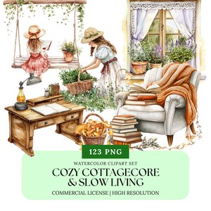 May include: Watercolour clipart set of cosy cottagecore and slow living elements.  Includes a girl reading on a swing, a girl gathering mushrooms, a cosy armchair with a blanket and books, and a wooden desk with a lamp and books.