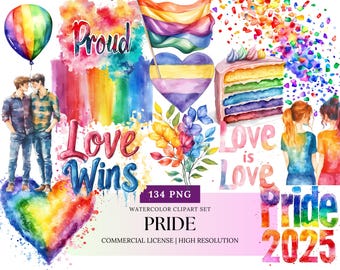 Ultimate Pride Clipart Bundle LGBTQ+ Rainbow Watercolor PNG Stickers Pride Month Quotes Digital Download Set