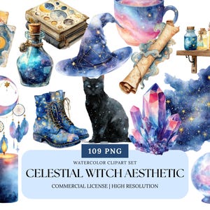 Puede incluir: Conjunto de imágenes prediseñadas de acuarela con elementos de estética de bruja celestial. Incluye un gato negro, un atrapasueños, un cristal, botas, un sombrero de bruja, una botella de poción, cartas del tarot y un libro de hechizos. Paleta de colores: azules, morados y rosas.