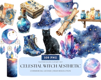 Celestial Witch Aesthetic Clipart Set Moon Stars Crystals Tarot Potions Witchcore Magical Clip Art PNG Boho Mystical Halloween Bundle