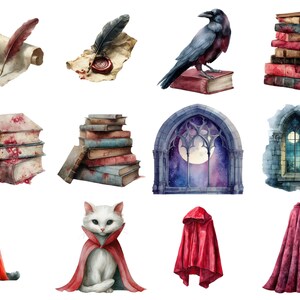 May include: Watercolor illustrations of gothic and fantasy elements. Includes a raven on a book, stacks of old books, a quill and inkwell, a hooded cloak, and a cat wearing a cape. The color palette features deep reds, blues, and purples.