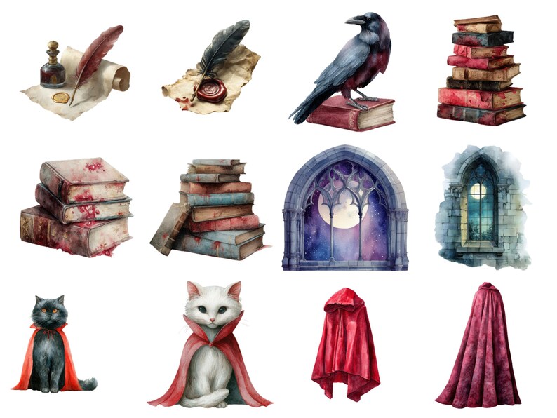 May include: Watercolor illustrations of gothic and fantasy elements. Includes a raven on a book, stacks of old books, a quill and inkwell, a hooded cloak, and a cat wearing a cape. The color palette features deep reds, blues, and purples.