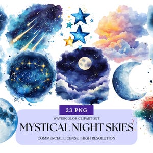 Clipart de estrela mística, lua, aquarela, céu noturno, nuvens, cósmico, celestial, clipart, crescente, lua cheia, PNG, conjunto de estrelas cadentes