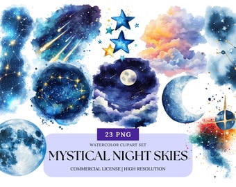 May include: A set of 23 watercolor illustrations of mystical night skies. The illustrations feature stars, constellations, shooting stars, moons, and clouds in shades of blue, gold, and white.