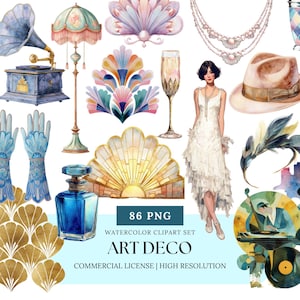 Art Deco Watercolor Clipart Set 1920s Fashion Architecture Roaring Twenties Gold Frames Cocktail Party PNG