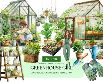 Clipart acquerello di ragazza in serra / Estetica accogliente per mamma di piante, PNG per giardino interno, arte per amanti delle piante per adesivi, diari e decorazioni