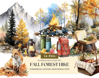 May include: Watercolor clipart set featuring a fall forest scene with a fox, campfire, backpack, and lantern. The image includes the text "FALL FOREST HIKE" and "54 PNG". The scene is set in a forest with a mountain in the background.