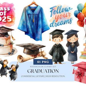 Graduation Watercolor Clipart Set Class of 2025 Cap Diploma Congrats Grad PNG Bundle for Invitations Cards Scrapbook Sublimation