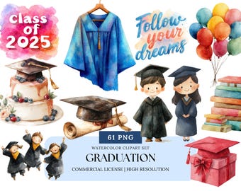 Examen akvarell Clipart Set Klass 2025 Mössa Diplom Grattis Examen PNG Bundle för Inbjudningskort Scrapbook Sublimering