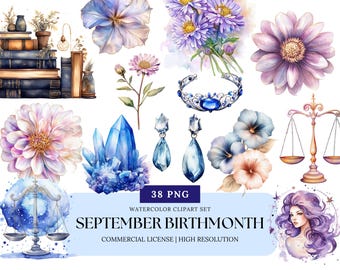 Clipart del mese di nascita di settembre, acquerello, zaffiro, aster, ipomea, vergine, bilancia, zodiaco, PNG, download digitale