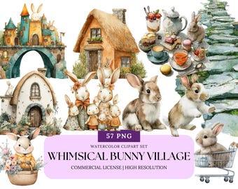 Whimsical Bunny Village Watercolor Clipart Set | Cute Cottage Rabbit PNGs for Nursery